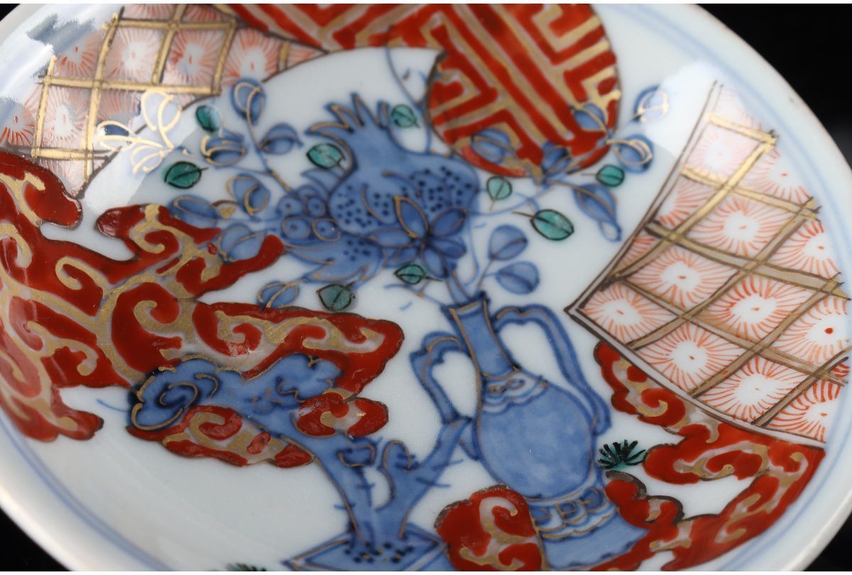 URA]角福/伊万里焼金彩染付唐草花籠文小皿8客/5-i-124(検)骨董/料亭/向