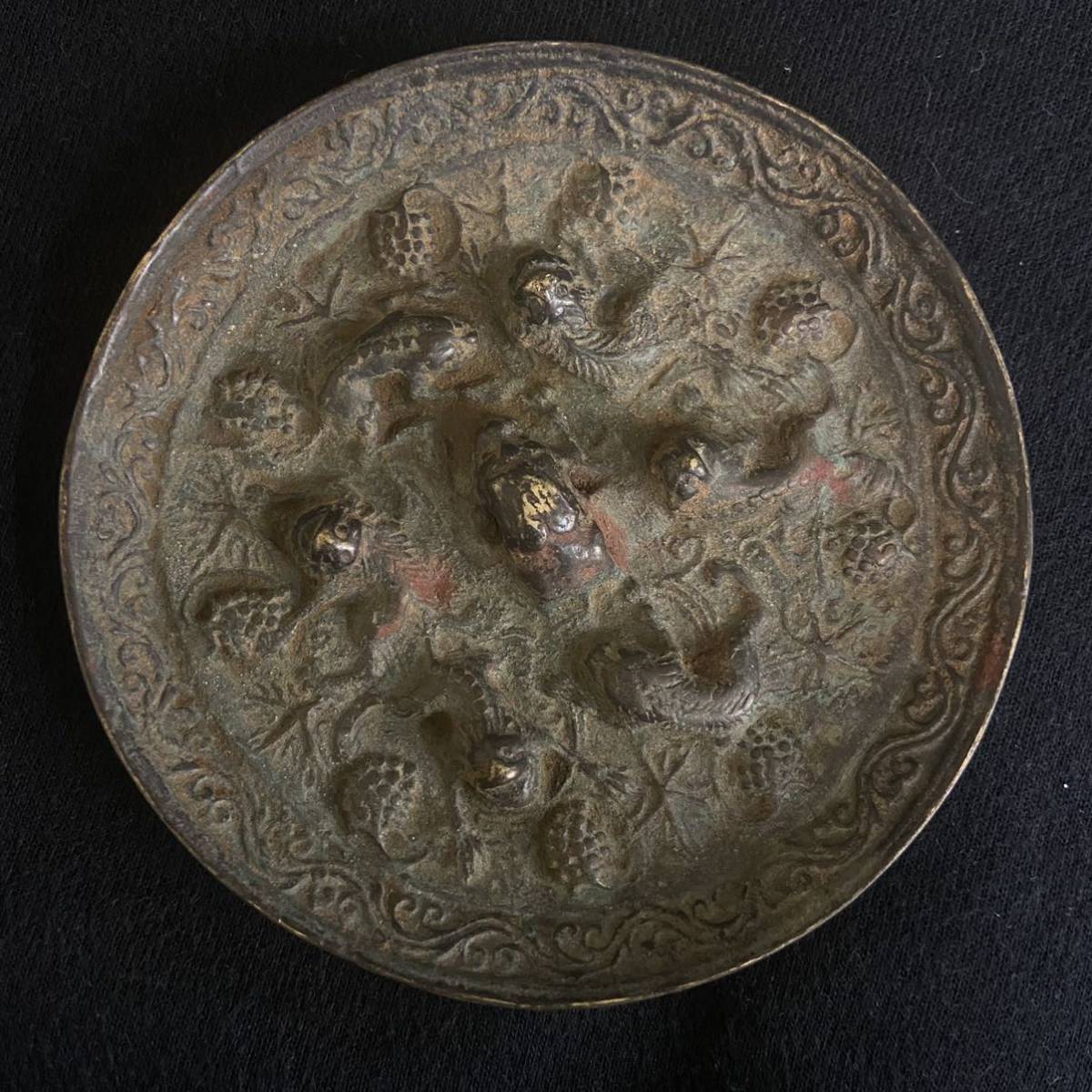 漢 黒漆古 海獣紋銅鏡 時代 中国 古銅製 銅鏡 古鏡 時代物 藏