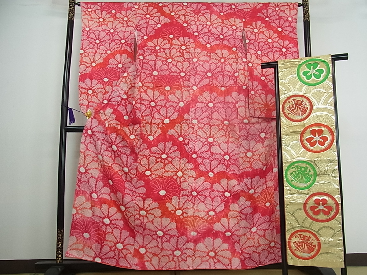 花美人着物□七五三 女の子 祝着 袋帯セット 総絞り 菊青海波 暈し