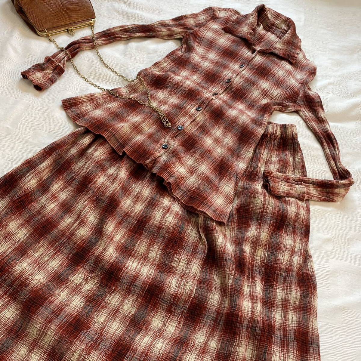 TSUMORI CHISATO ツモリチサト◇新宿素材 しわ加工 チェック柄 赤茶 
