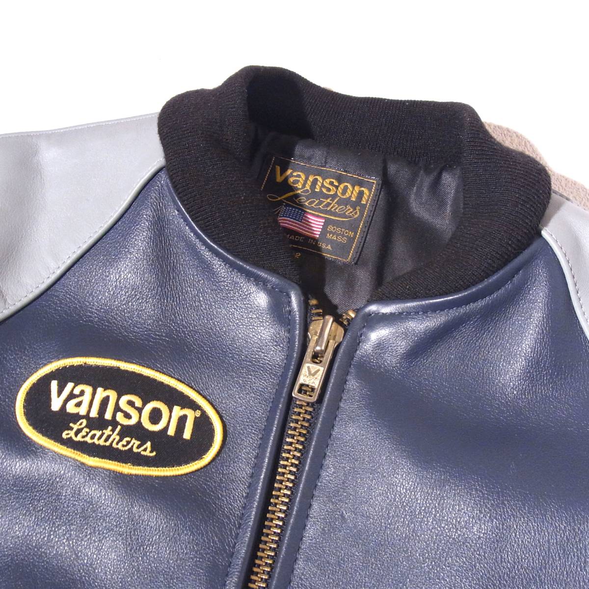 美品VANSON【バンソンTJV42レザースタジャン】クールなネイビーXグレー 