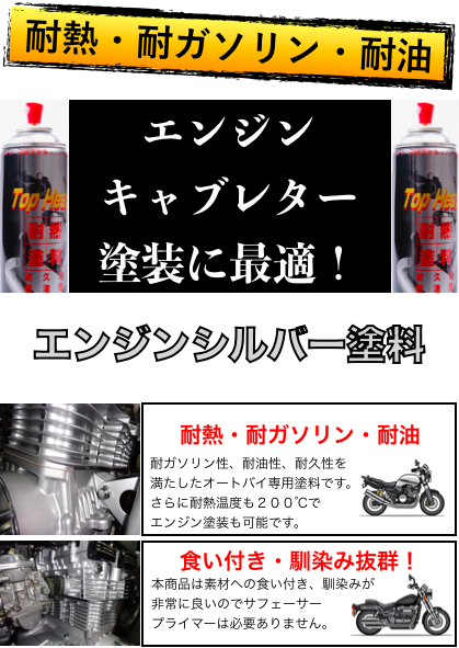 耐熱/耐ガソリン/耐油 バイクパーツ塗装に最適 4色(シルバー/艶ありブラック/半艶ブラック/レッド)徳用4本セット プライマー無で驚異の食付