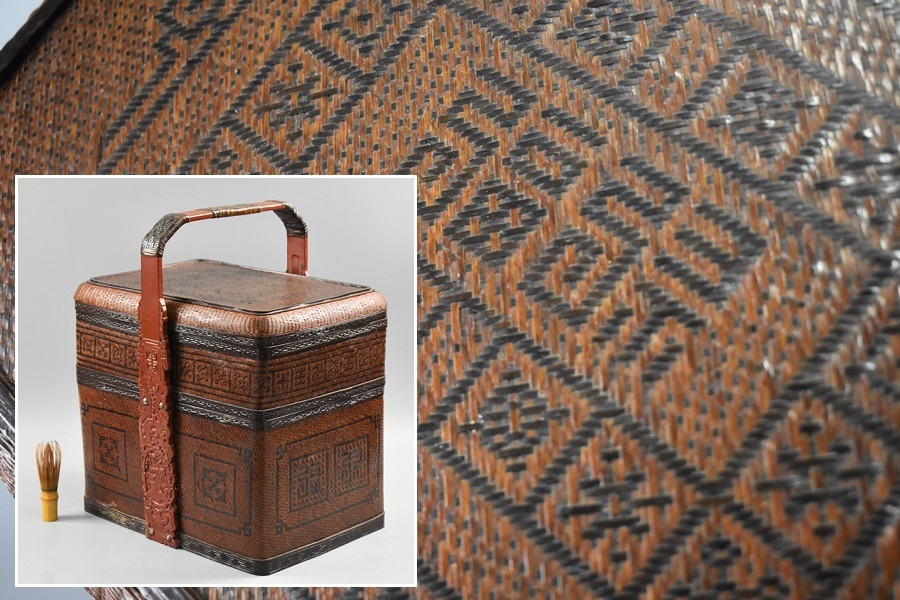 唐物煎茶道具 中国 時代竹編造 二段提藍籠 高45cm 野点 茶籠 中国古玩