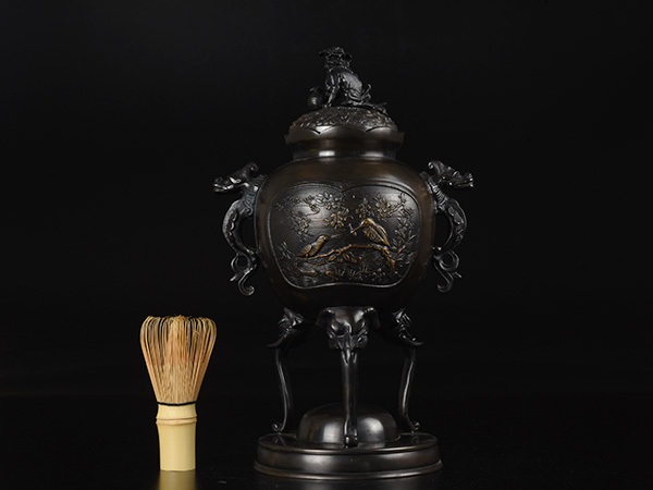 香炉 高岡銅器 | 瑞峰作 新特大花鳥 高級銅製香炉 獅子摘 大きめ 燈香」