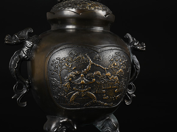 香炉 高岡銅器 | 瑞峰作 新特大花鳥 高級銅製香炉 獅子摘 大きめ 燈香」