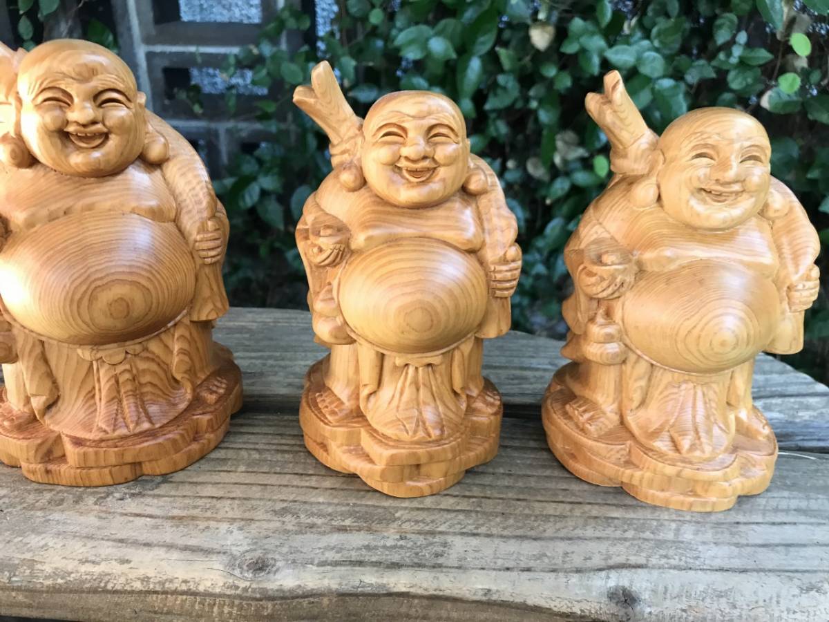 ☆ 新品 木彫り 縁起物 開運 金運 布袋様 七福神 3体まとめて 仏像 