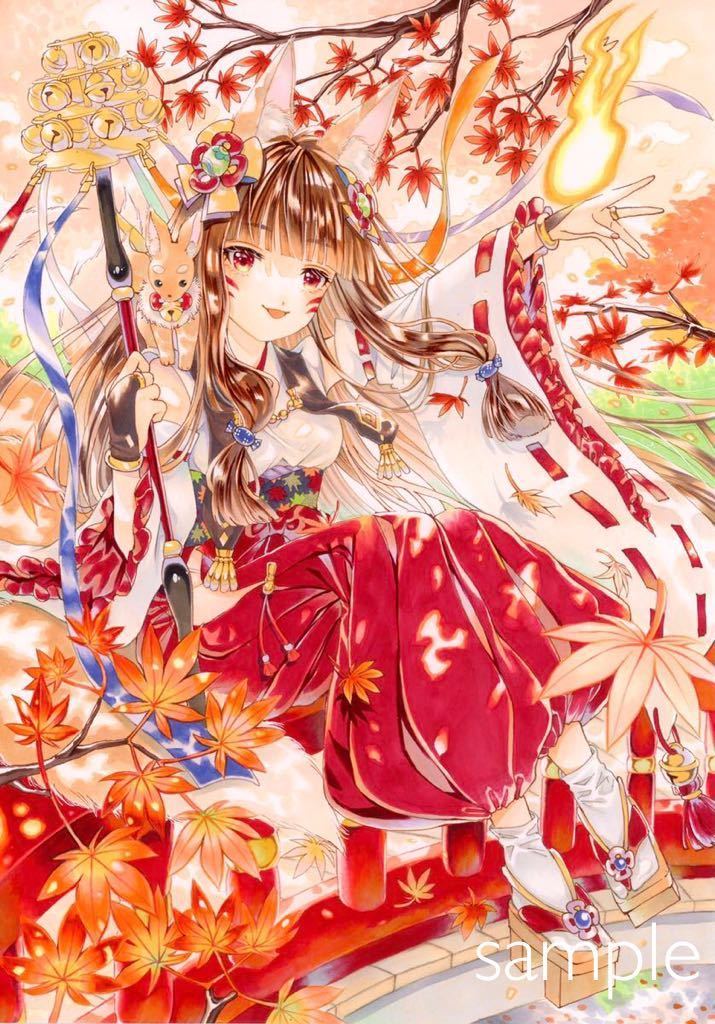 色紙 オリジナル 九尾、狐の巫女￤BOOTH出品｜saki 狐巫女 直筆