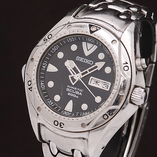 1円★正規◆【SEIKO/セイコー】キネティック スキューバ 200m 5M43-0D80 黒文字盤 デイデイト メンズ腕時計 200A0149921