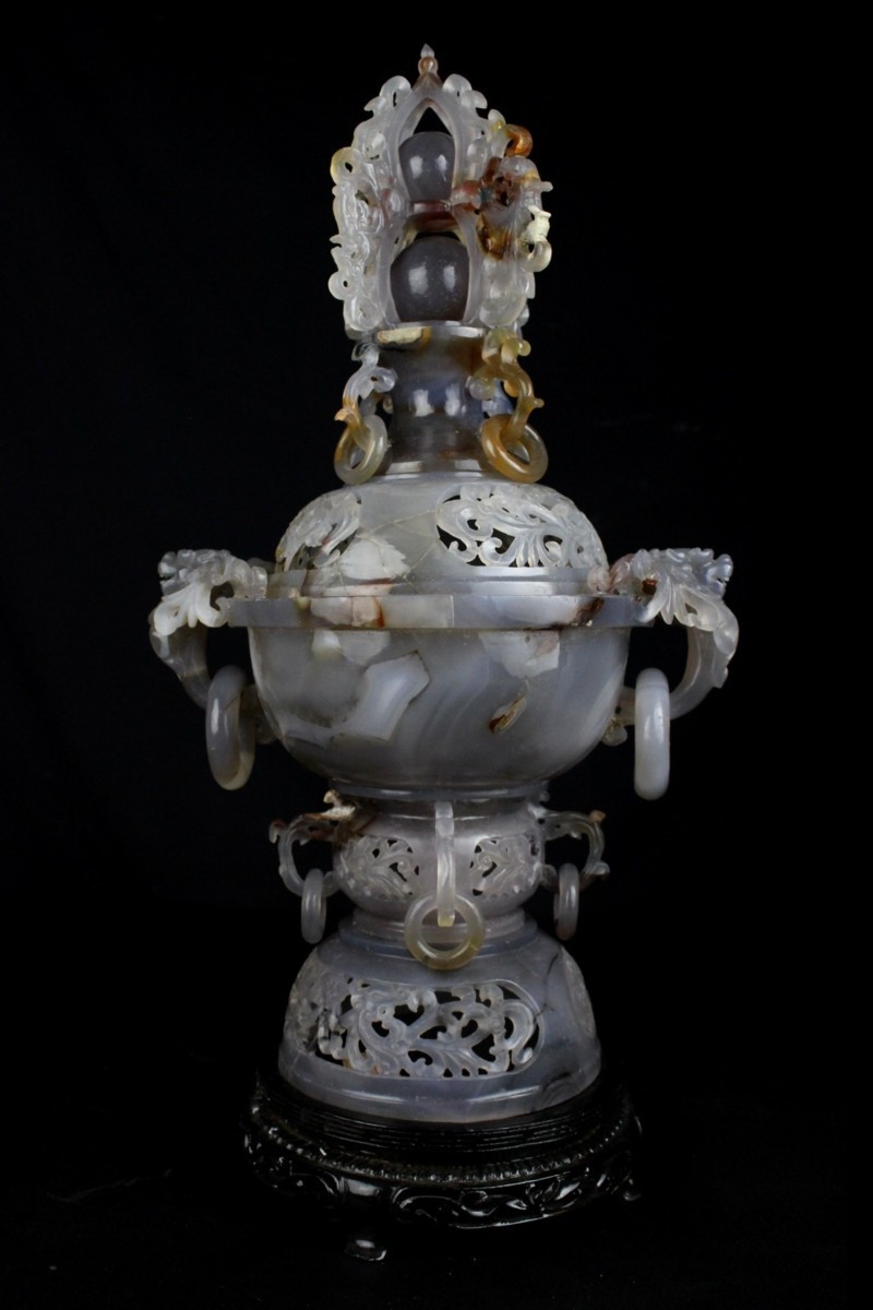董芸】蔵出逸品 中国美術 青瑪瑙 龍彫遊環香炉 唐木台 高46.5