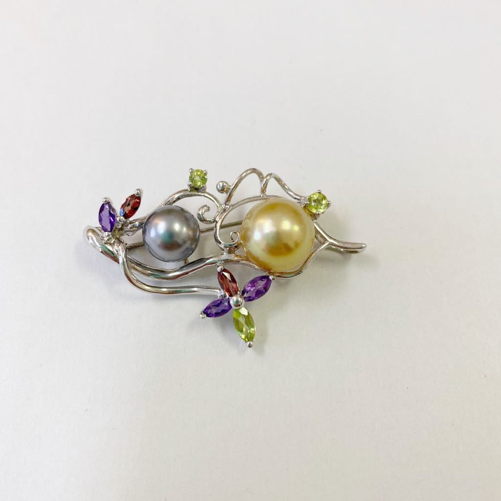 【T1104】SILVER シルバー 925 パールブローチ 真珠ブローチ ? ブローチ アクセサリー カラーストーン 総重量 約8g | ブローチ SV925 ぶどう ブローチSV925 ユニ