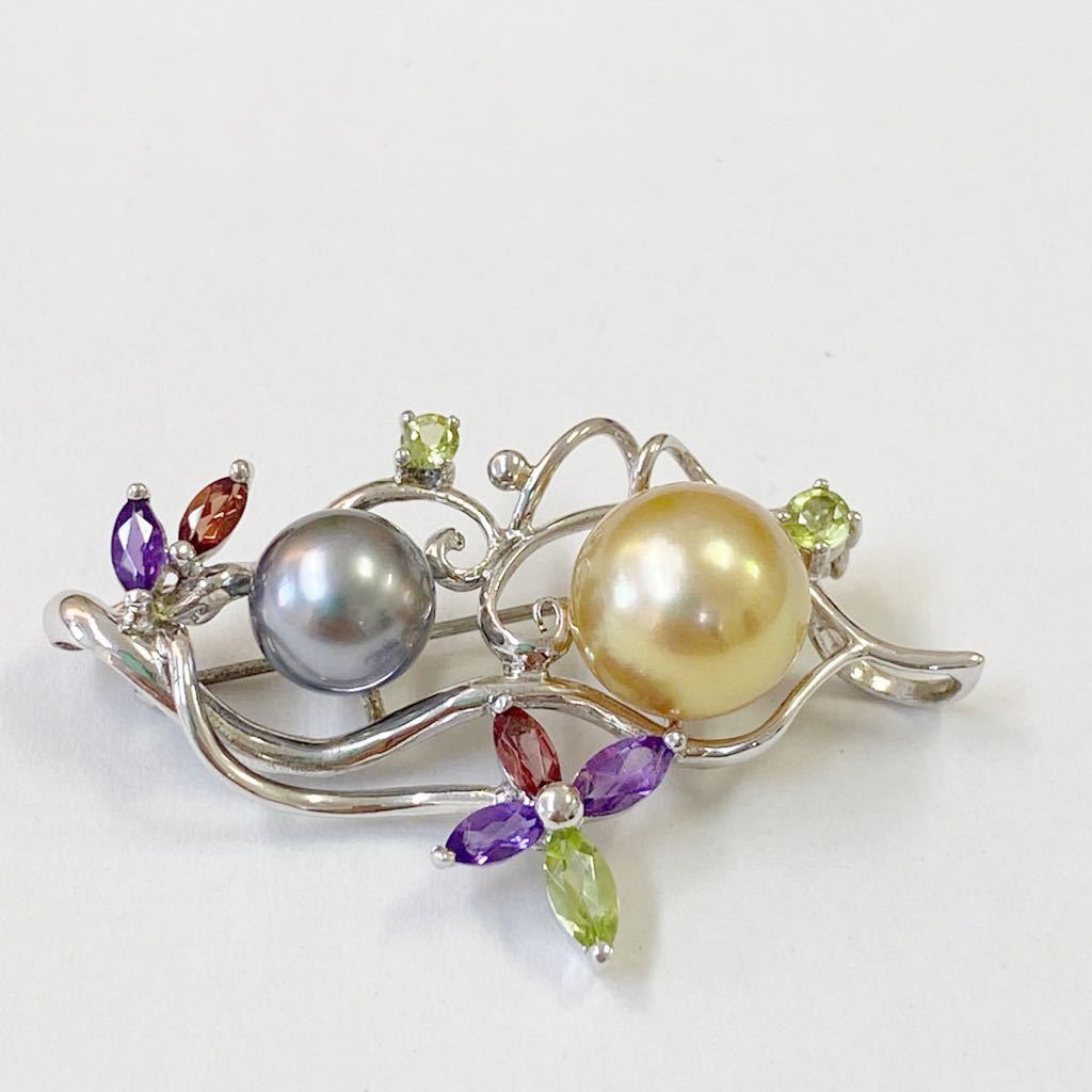 【T1104】SILVER シルバー 925 パールブローチ 真珠ブローチ ? ブローチ アクセサリー カラーストーン 総重量 約8g | ブローチ SV925 ぶどう ブローチSV925 ユニ