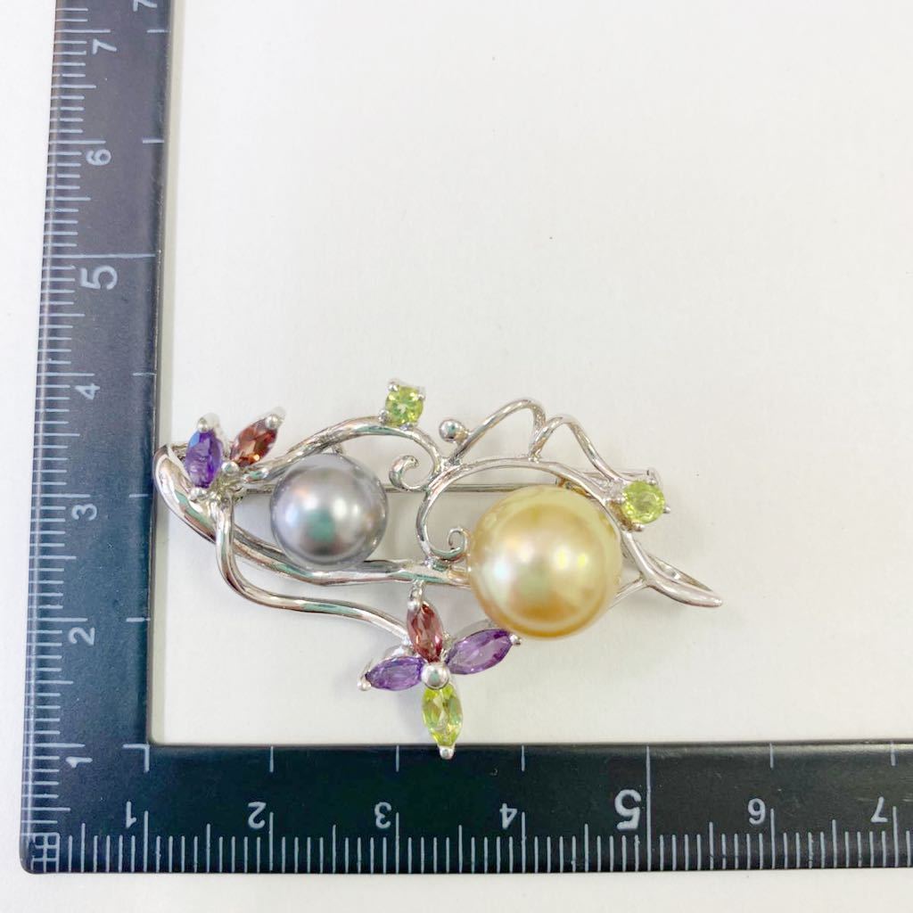 【T1104】SILVER シルバー 925 パールブローチ 真珠ブローチ ? ブローチ アクセサリー カラーストーン 総重量 約8g | ブローチ SV925 ぶどう ブローチSV925 ユニ