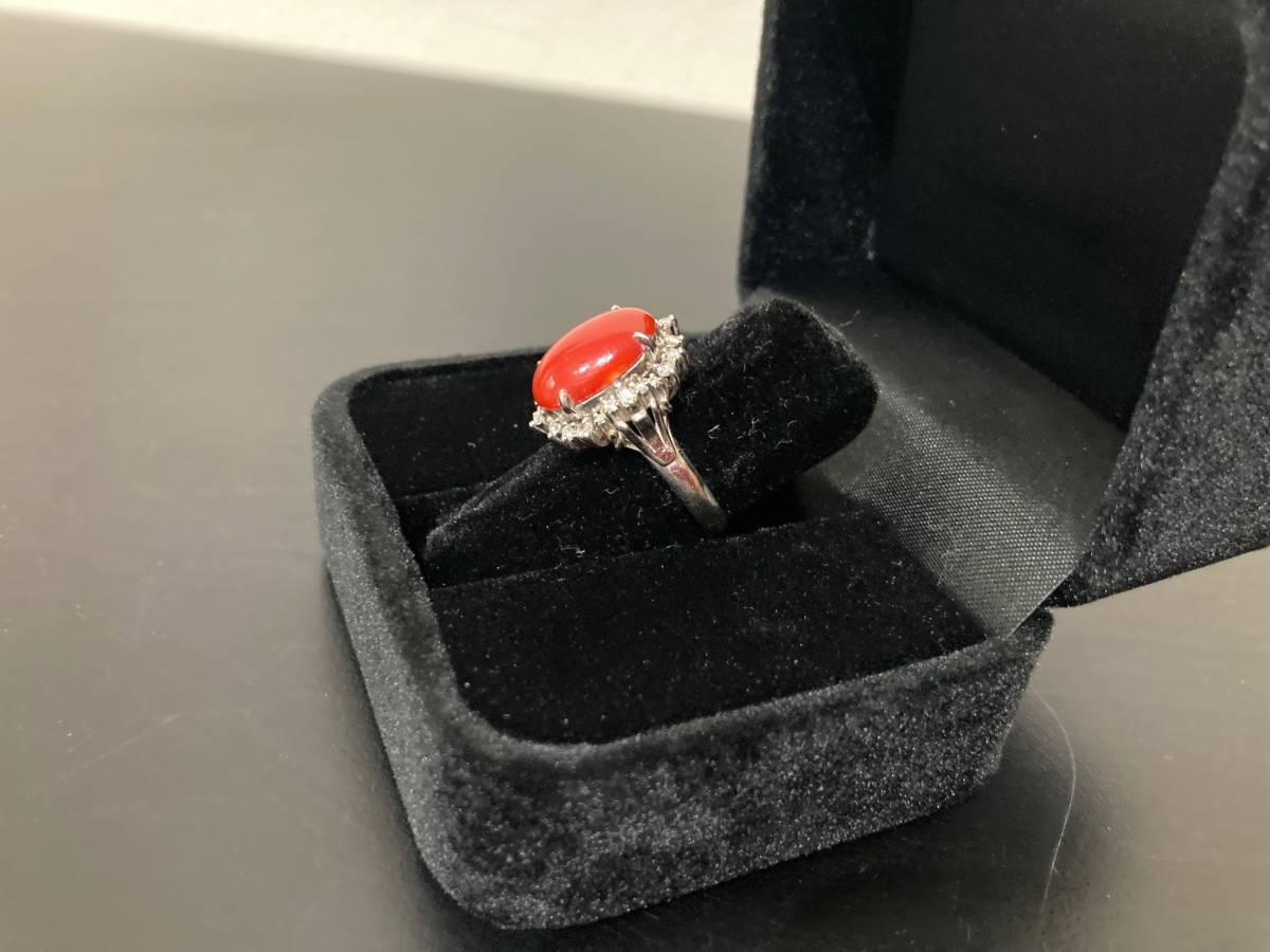 K2 Pt900 赤珊瑚 リング ダイヤ 0.35ct 重量約10.8g ※説明と画像のご