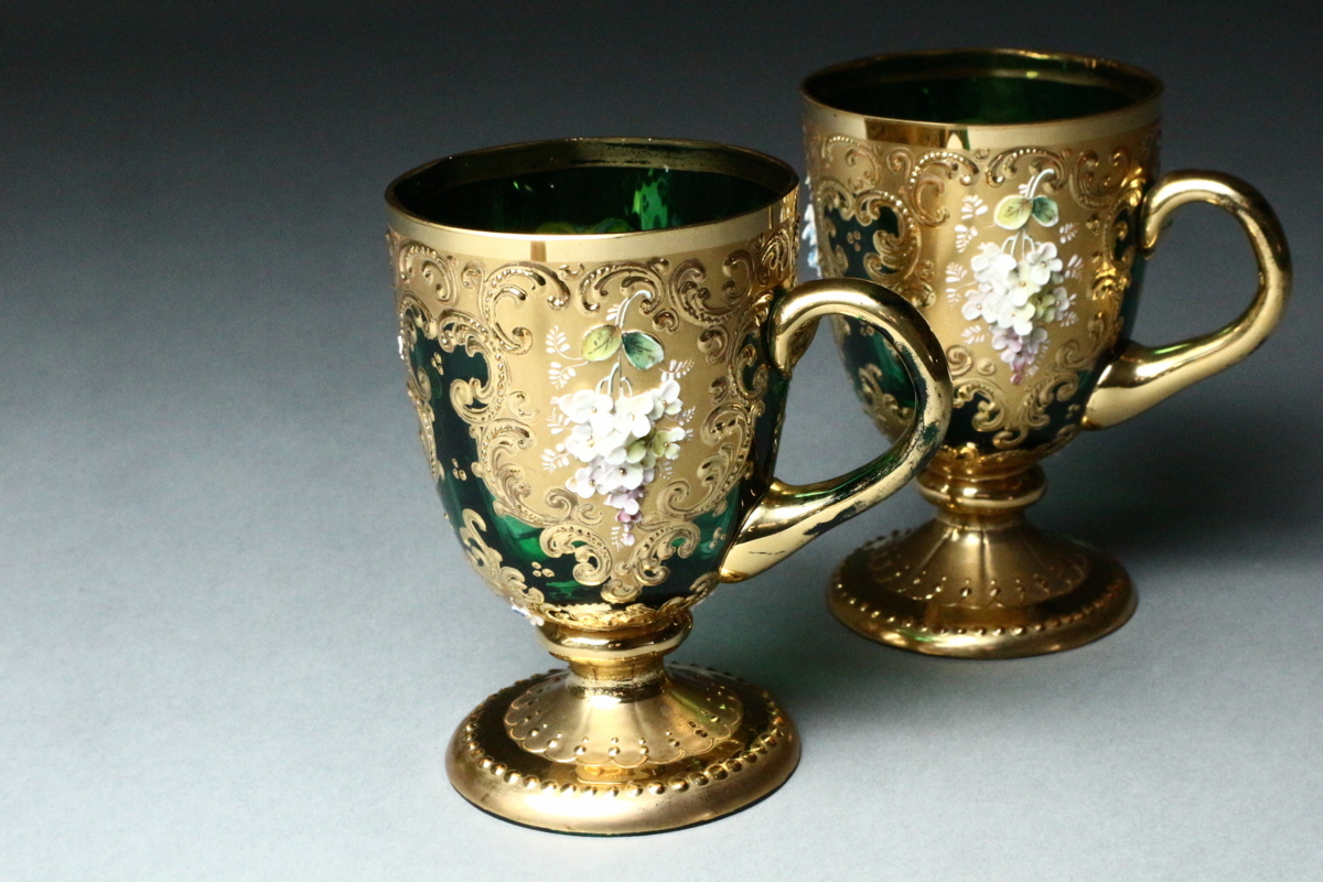 ベネチアングラス 花盛金彩 手付きカップ 2客 グリーン ③ / MURANO