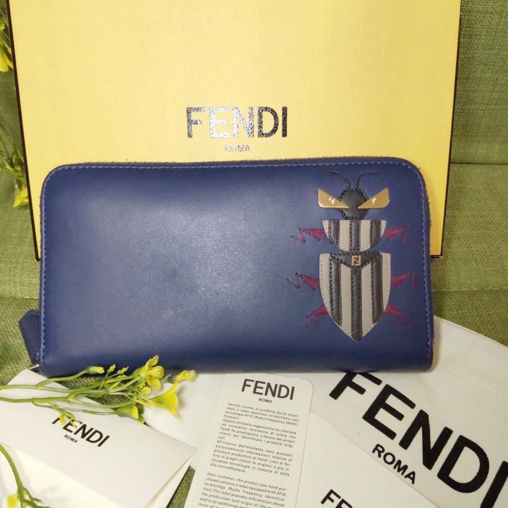 1スタ【新品同様】FENDI フェンディ 長財布 二つ折り財布 本物 ネイビー 紺 レザー 人気 定番 ユニセックス 箱付 ボタン 金具 1円 極美品