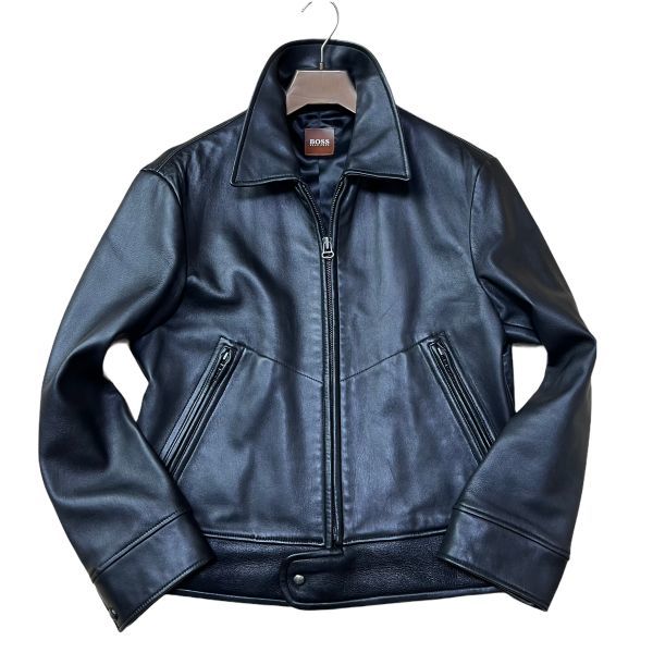 新品タグ付き✨ HUGO BOSS ラムレザージャケット 48 ネイビー L HUGO BOSS (ヒューゴボス) メンズ ジャケット ストレッチ シングル 2ツ ジャケット・アウター
