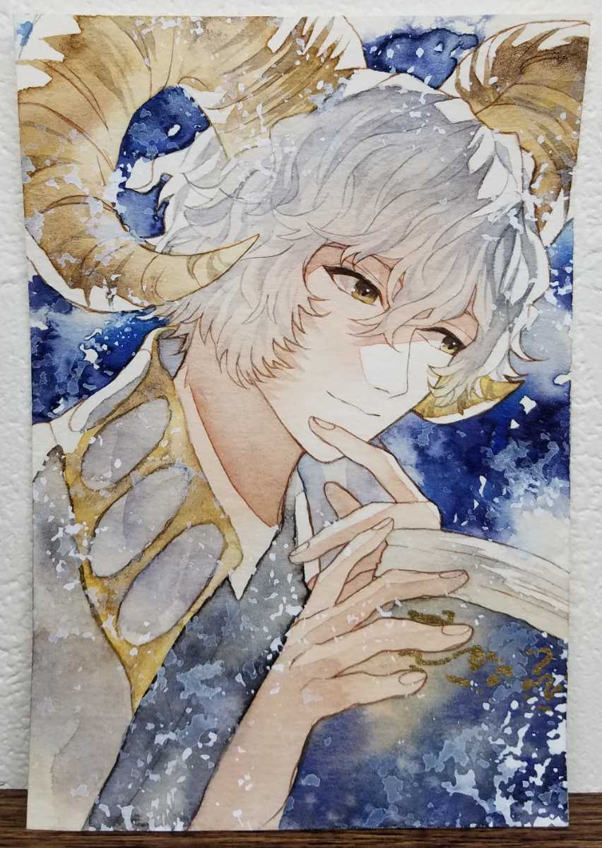 手描きイラスト オリジナル 着物 ケモ耳 男子 ミニ色紙➕オーダー オリジナル 手描きイラスト 男の子 青年 獣耳シリーズ 「居眠り羊の夜