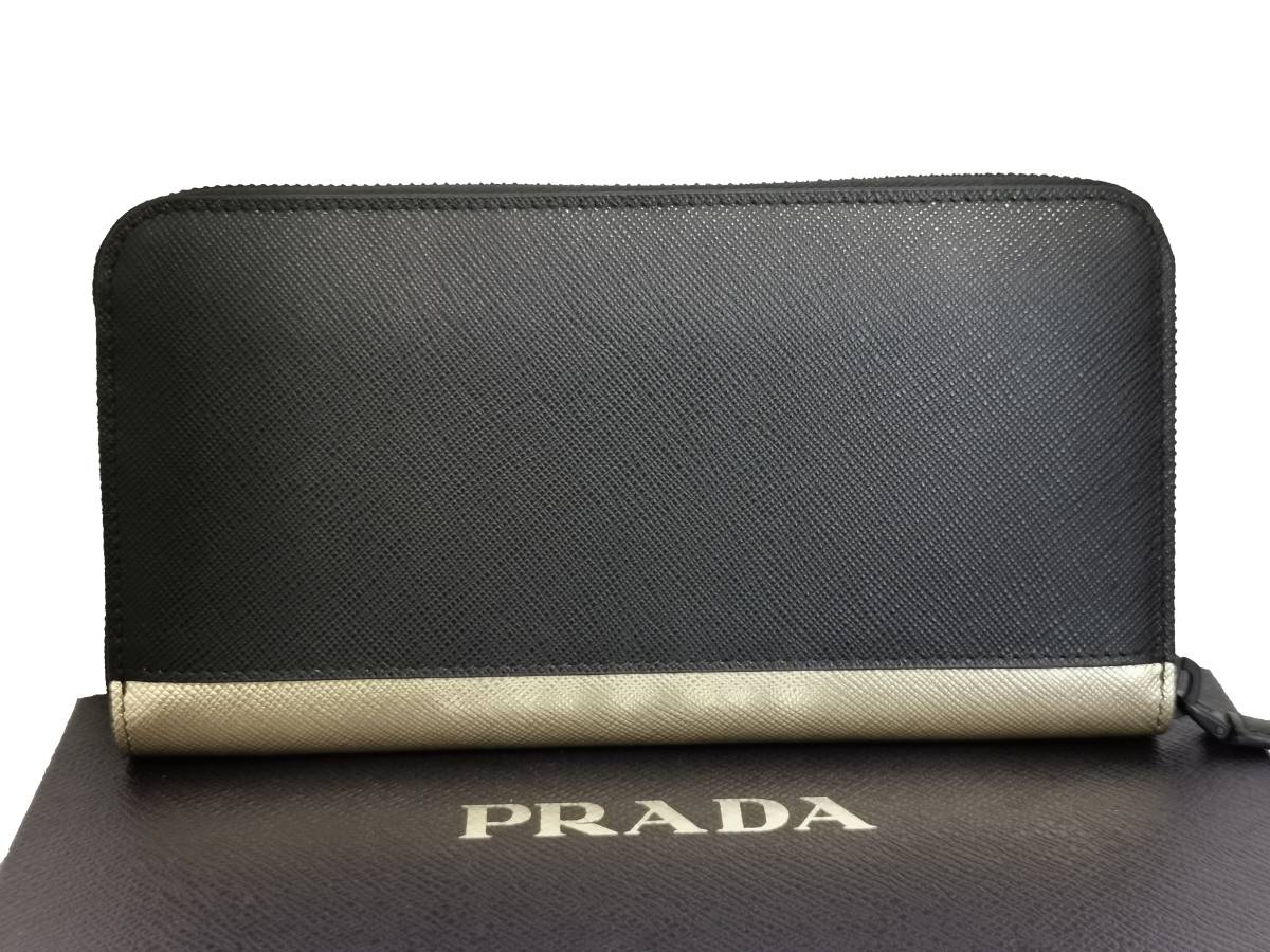 新品 PRADA プラダ 長財布 ウォレット バイカラー 黒 金 サフィアーノ 
