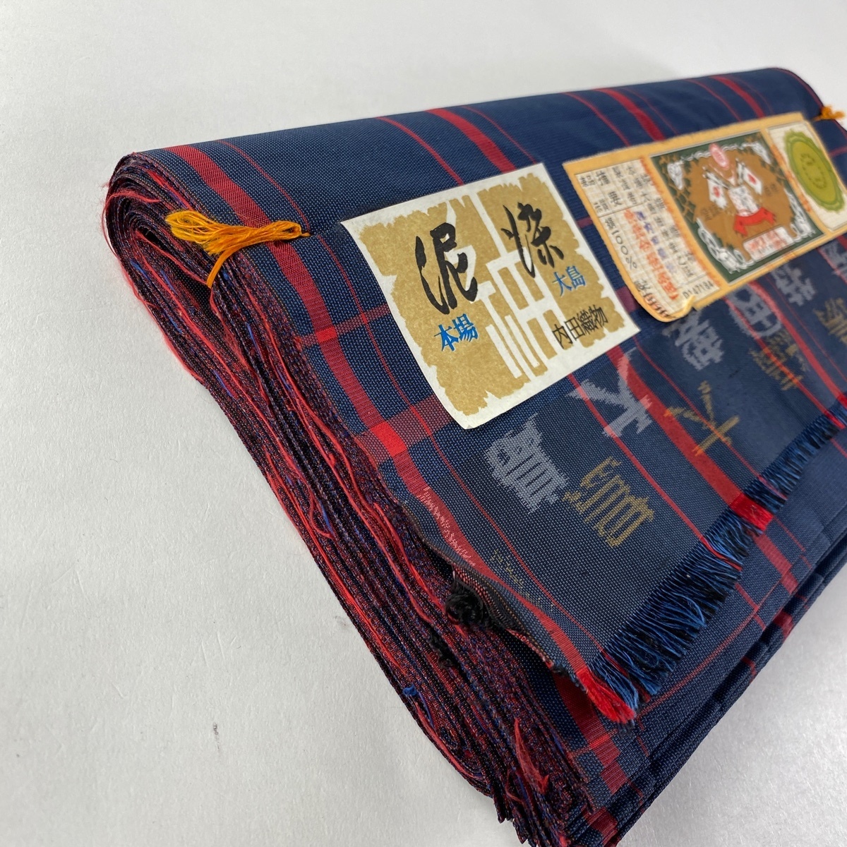 反物 優品 大島紬 証紙 縞格子 泥染 紺色 正絹 【中古】 ☆☆ 反物 正絹 証紙 風景 逆さ雲取り 焦茶色