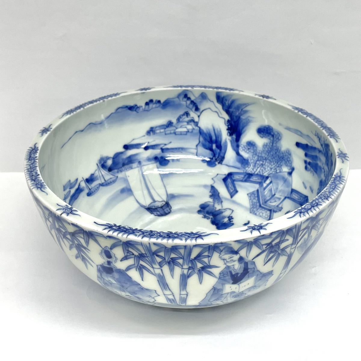 深海軒厚貞製(銘) 染付竹林七賢図 帆船入港図 大鉢盛鉢 菓子器 Yahoo