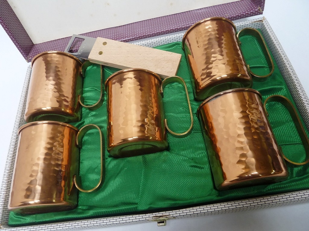 70-80s ヴィンテージ 未使用 コッパー マグカップ 5客 銅製 槌目 ☆BM)Happy Life/銅製 マグカップ 5客(1027-①)槌目 300ml コッパー