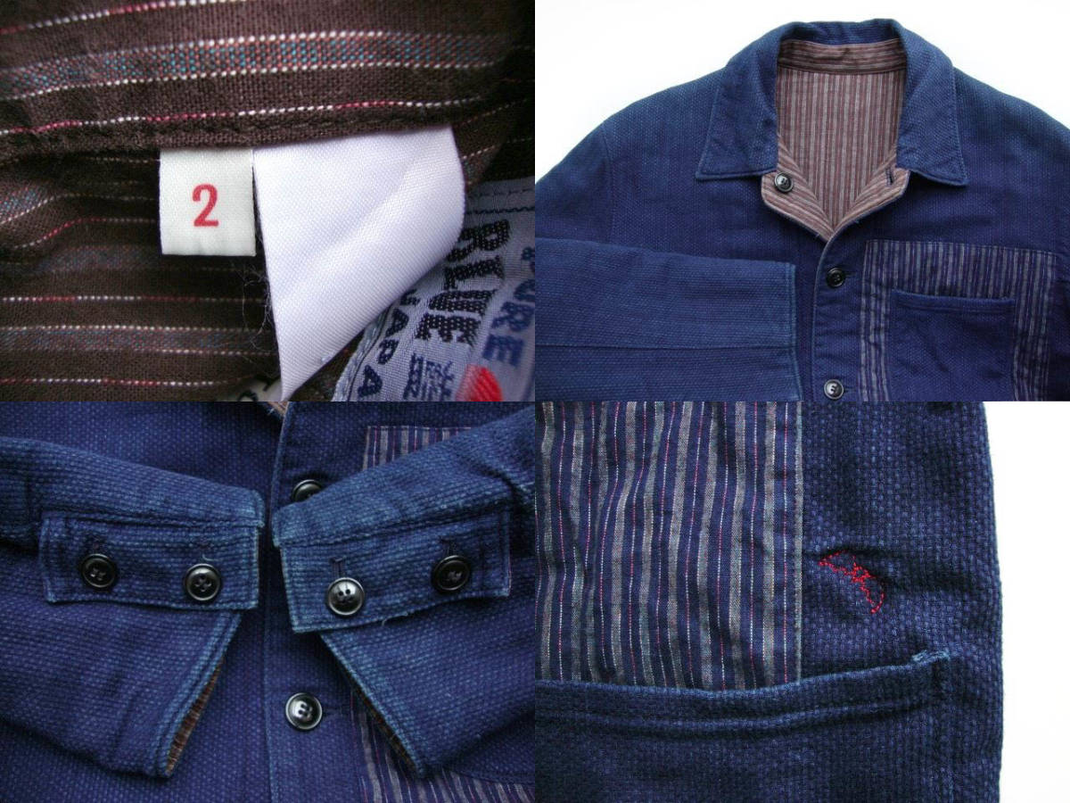 高品質，品質保証 定価4.2万 美品BLUE BLUE刺し子 ジャケット 2/M 本藍染め カバーオール ホンアイ サシコ紺インディゴ ネイビ剣道パッチワーク リバーシブル
