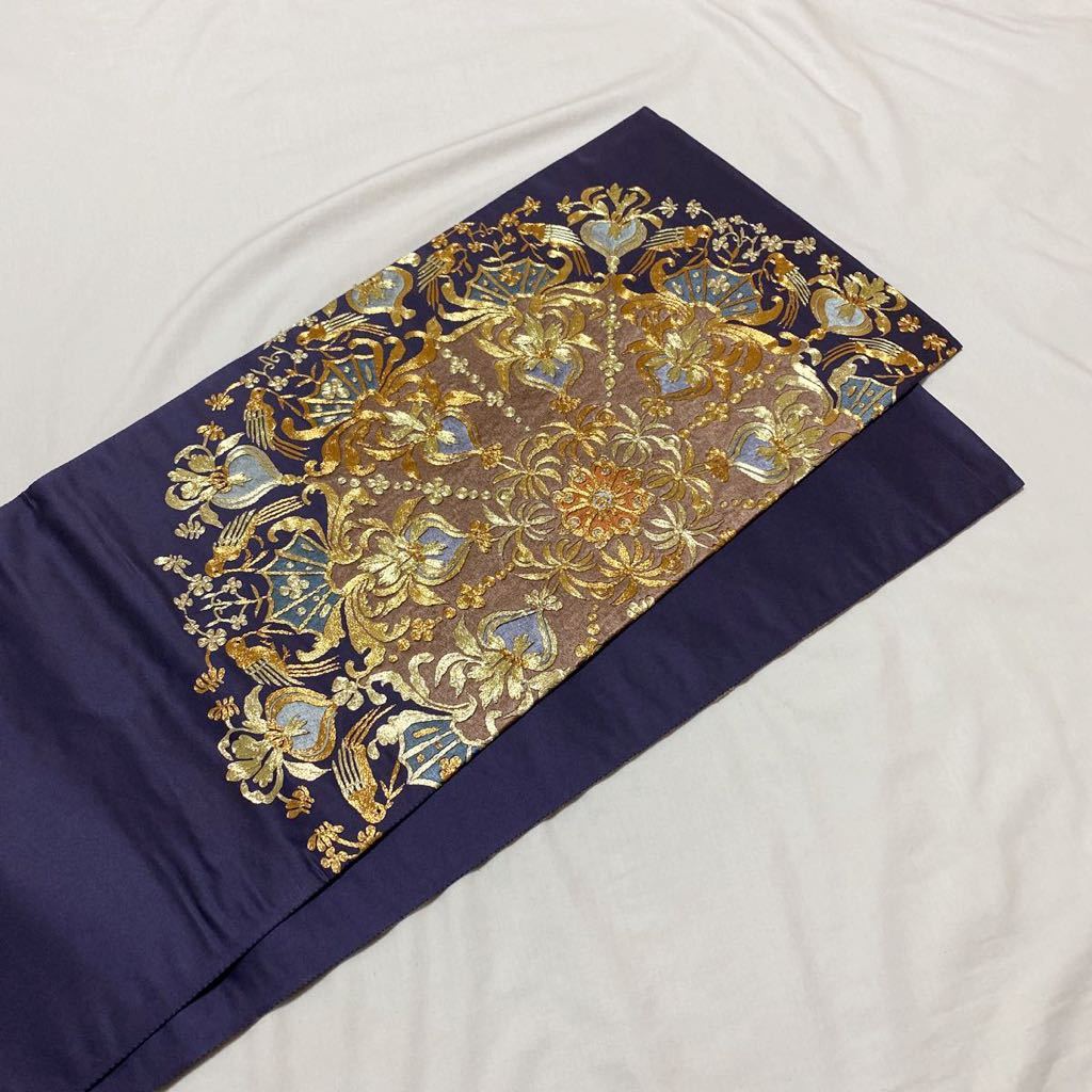 蘇州刺繍 結城紬地 袋帯 象の図 花文様 金糸 正絹 お太鼓柄 蘇州刺繍 結城紬地 袋帯 象の図 花文様 金糸 正絹 お太鼓柄