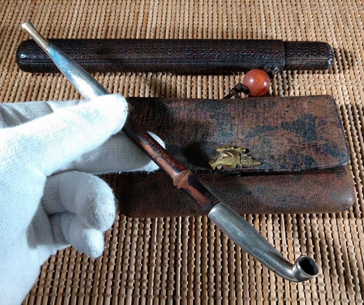 喫煙具 時代物 煙管 煙草入れ 提物 竹製 鹿角 大きめの虎の留