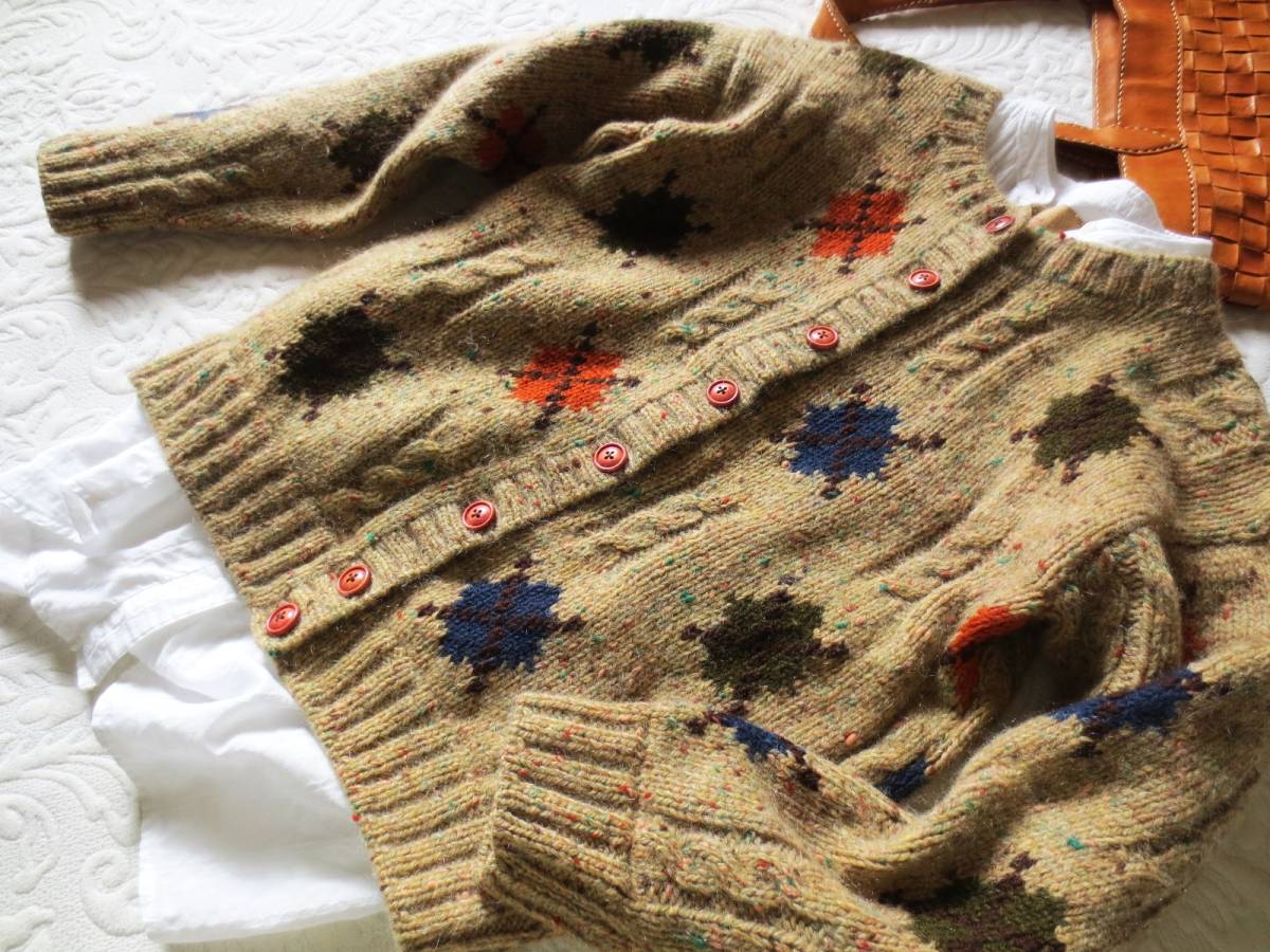 美品★手編み棒針編みアラン柄ウールカーディガンM　紺