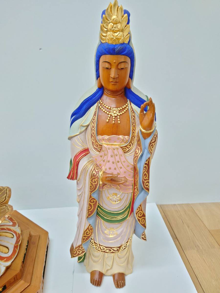 OP25.1HS 1円～ 【仏教美術 観音像 特別彩色】 木彫り 仏像 彫刻 置物 土台付き 高さ:約87cm 陶磁器 骨董品 美術品 縁起物 お土産品 仏教美術 仏像 観音菩薩像 ニワトリ 特大ローズクォーツ 骨董