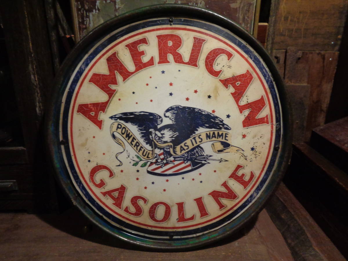 アメリカンアンティークドラム缶蓋のアイアン看板 AMERICAN GASOLINE 
