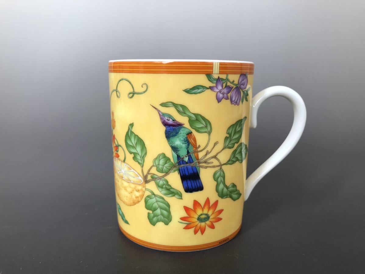 未使用 HERMES エルメス シエスタ マグカップ 花 鳥柄 イエロー 