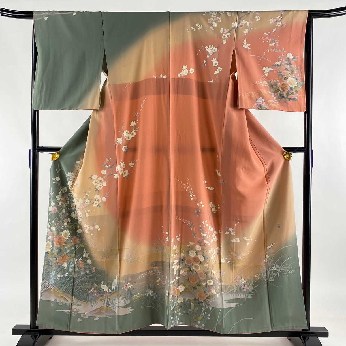 訪問着 美品 名品 落款 草花 鳥 金銀彩 染め分け ピンク 袷 158.5cm 65cm M 正絹 【中古】 ☆☆☆☆