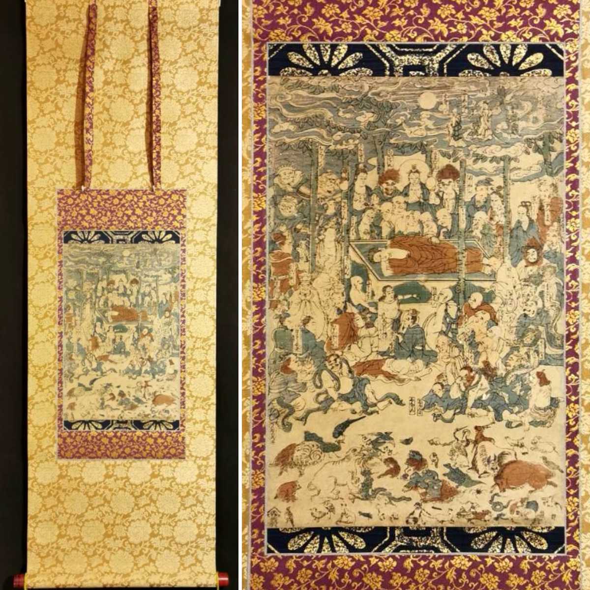 門八】 仏教美術 「釈迦涅槃図」 紙本 木版 人物 菩薩 仏画 鬼 妖怪