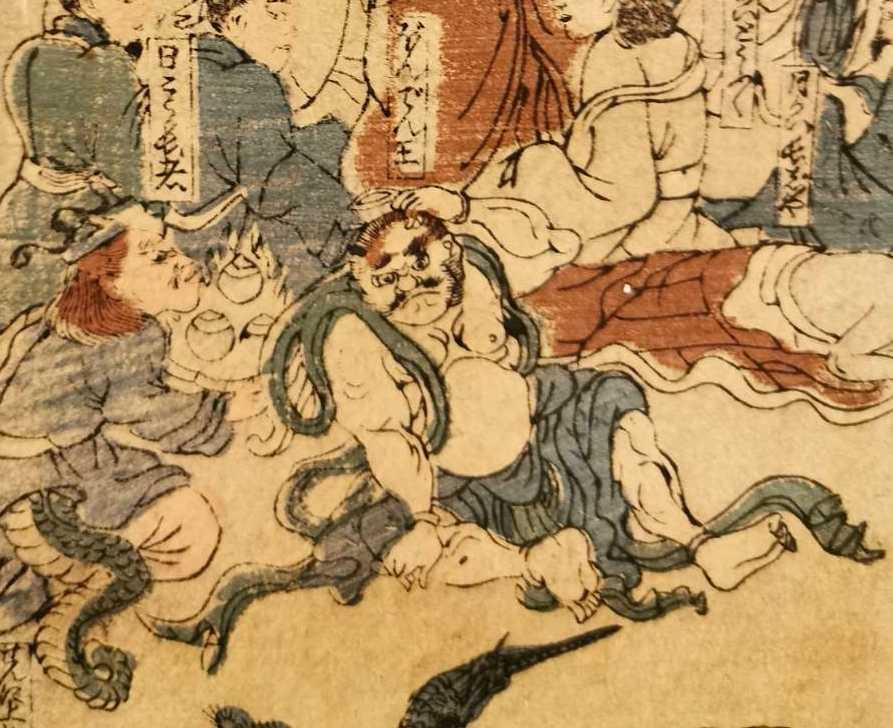 門八】 仏教美術 「釈迦涅槃図」 紙本 木版 人物 菩薩 仏画 鬼 妖怪