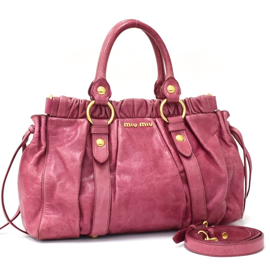 【格安，人気】 1円 MIUMIU ミュウミュウ 2WAYハンドバッグ ショルダー ヴィッテロルクス RT0383 レザー ピンク&times;ゴールド金具 Begr(かばん、バッグ)｜売買されたオークション情報、yahooの商品情報をアーカイ かばん、バッグ
