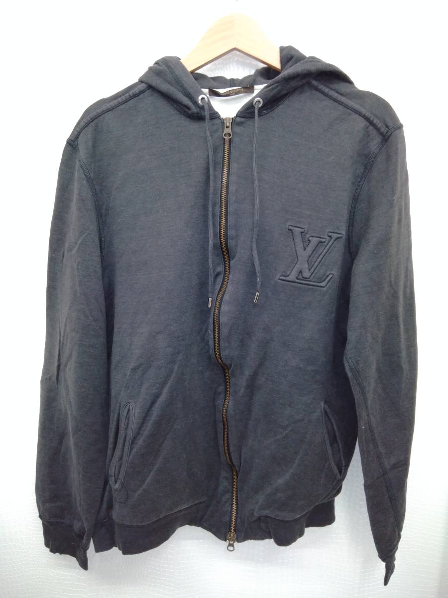 LOUIS ルイヴィトン VUITTON パーカー ジップアップパーカー ダブルジップ M メンズ コットン フーディー トップス 美品 エンボス ロゴ LV ブラック