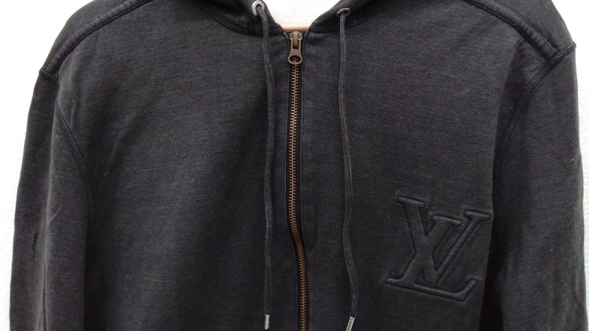 LOUIS ルイヴィトン VUITTON パーカー ジップアップパーカー ダブルジップ M メンズ コットン フーディー トップス 美品 エンボス ロゴ LV ブラック