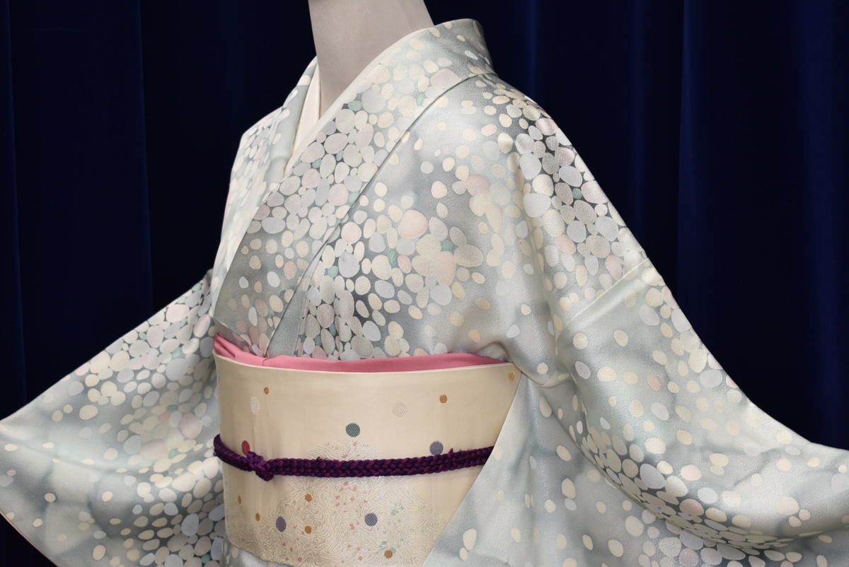 ちどりや】正絹 小紋 袷 広衿 身丈156.5cm/裄66cm 墨流し風暈し パステル