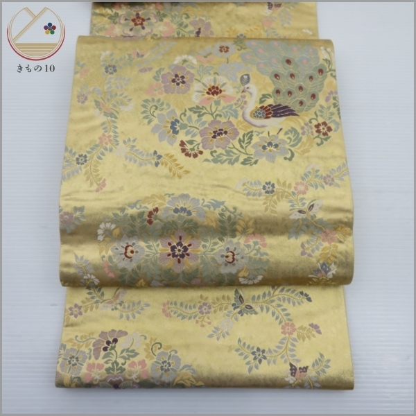 ★着物10★ 1円 絹 袋帯 西陣織 名宝錦 更紗 花唐草 草花 孔雀 瑞花文 宝相華 六通柄 未仕立て品 長さ464cm [同梱可] ☆☆☆