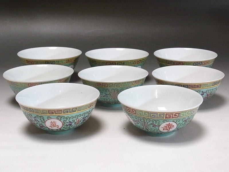 景徳鎮 □中国 青地粉彩 色絵花唐草 萬壽無彊 飯碗 鉢 8客□古玩十錦