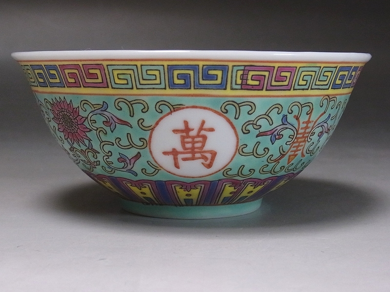 景徳鎮 □中国 青地粉彩 色絵花唐草 萬壽無彊 飯碗 鉢 8客□古玩十錦