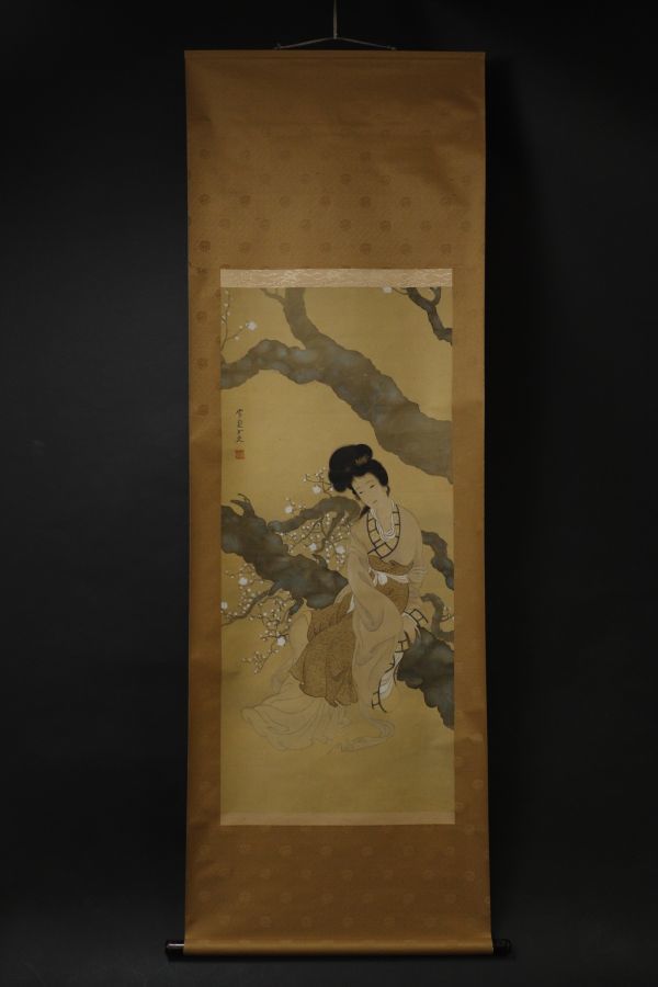 LIG】明治期 女流画家 松林雪貞 絹本肉筆 大幅掛軸 美人画 箱付 旧家蔵