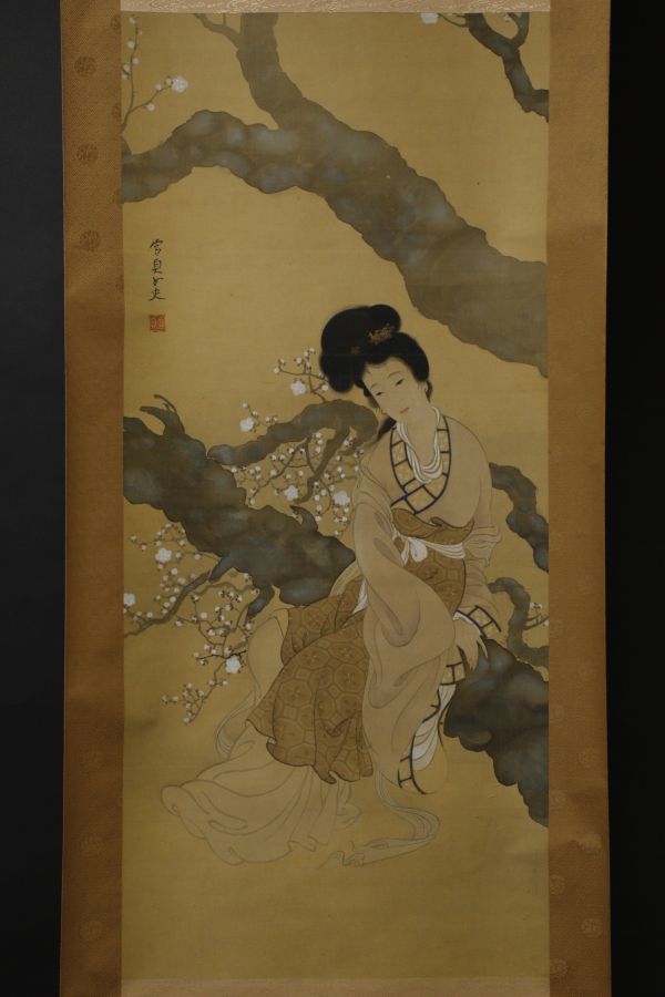 LIG】明治期 女流画家 松林雪貞 絹本肉筆 大幅掛軸 美人画 箱付 旧家蔵