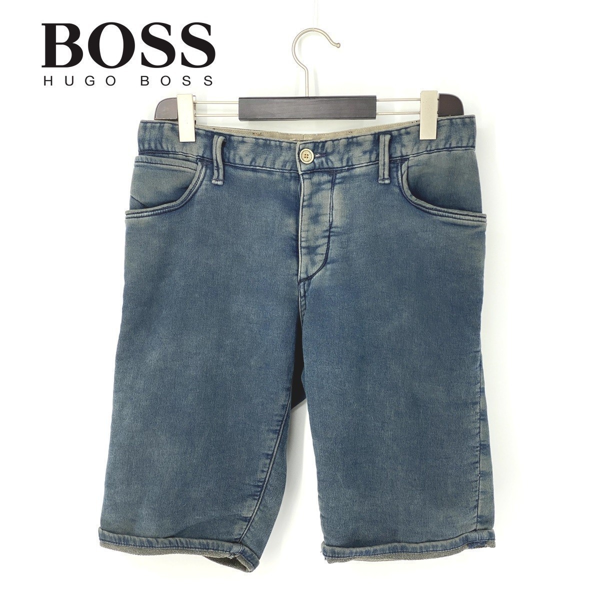 A7129/春夏 HUGO BOSS ORANGE ヒューゴボス スレ加工 レザーパッチ コットン ストレッチ ショート ハーフ デニムパンツ34インディゴ/メンズ(ボトムス)｜売買されたオークション情報、yahooの商品情 男性用