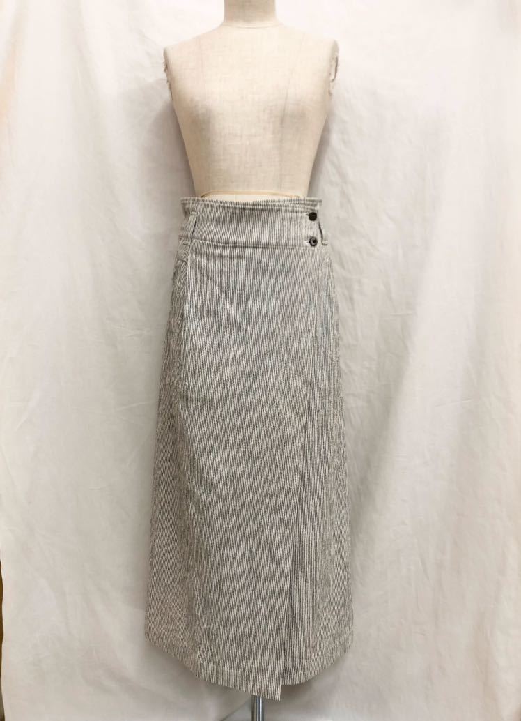 Plantation プランテーション イッセイミヤケ 爽やか ヒッコリー 美シルエット 巻きスカート ロングスカート ベージュ×ブラック◎サイズM