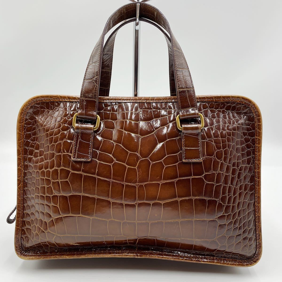 PRADA HANDOBAG 三角プレート レザー A4可ブラウン 1円【輝く高級感】PRADA プラダ ハンドバッグ クロコダイル レザー