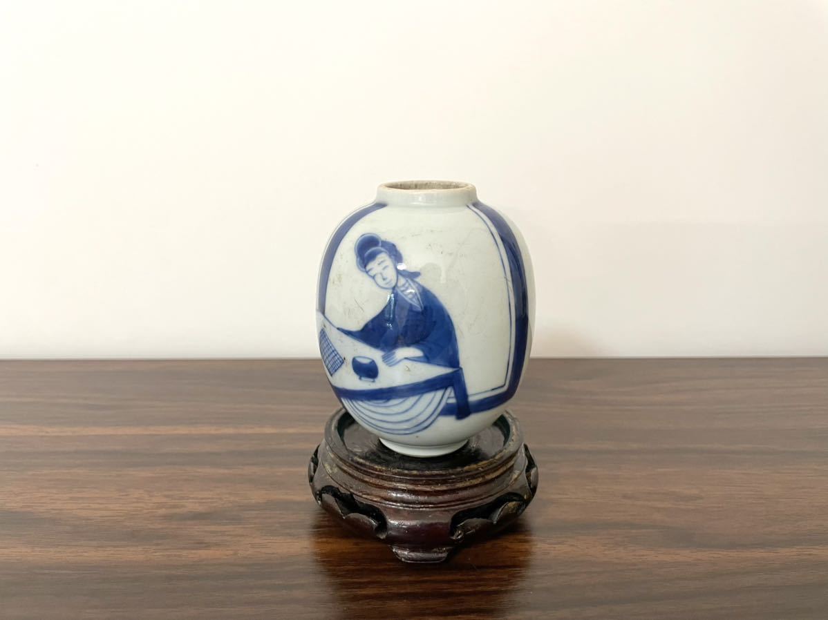 中国美術 時代物 唐物染付 清朝期 染付 人物文 壺 瓶 花入 花瓶 (検