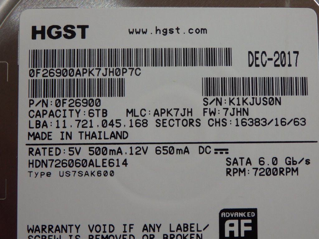 HGST-「HDN726060ALE614」/6TB/7200rpm//中古品/No2 HGST ⁄ Hitachi