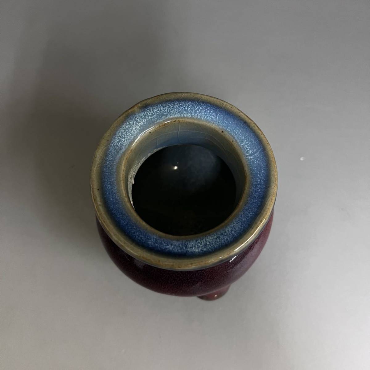 元時代 宋 中国 鈞窯 三足 香炉 唐物 古玩 古陶磁器 鈞窯 紫紅釉 三足